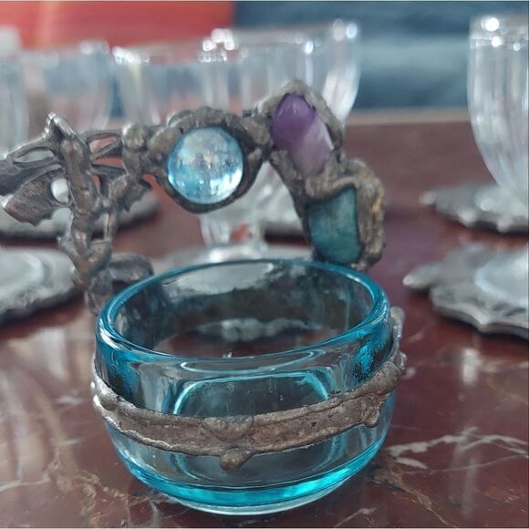 Vtg Handforged Trinket Dish Rustic Semi Precious Stones Fairy Art - Picture 8 of 8